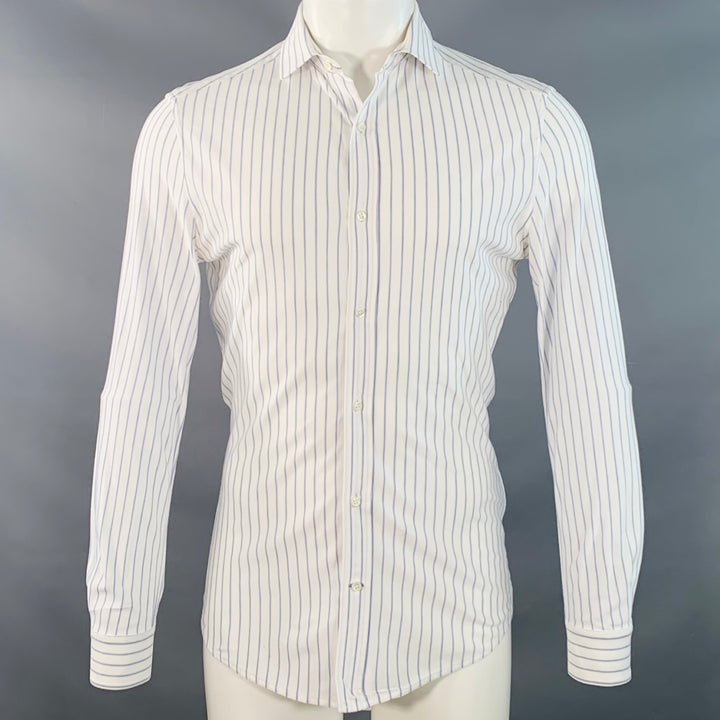 BRUNELLO CUCINELLI Size S White Blue Pinstripe Cotton Leisure Fit Long Sleeve Shirt
