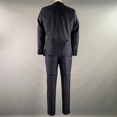 BOGGI Chest Size 36 Navy Blue Tartan Wool Notch Lapel 34 28 Suit