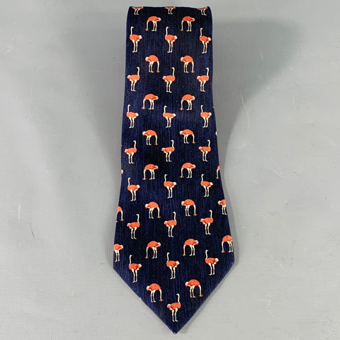 HERMES Navy Red Ostrich Birds Silk Tie