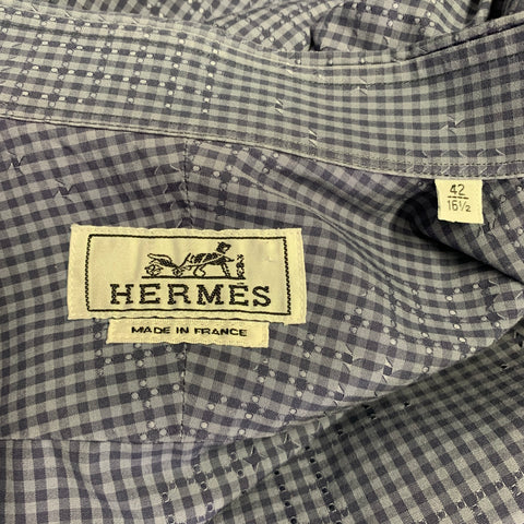 HERMES Size L Navy Blue Checkered Cotton Button Up Long Sleeve Shirt