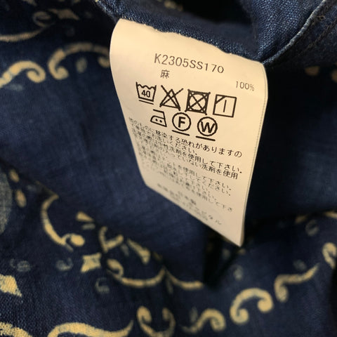 KAPITAL Size L Navy Blue Abstract Floral Linen Camp Short Sleeve Shirt