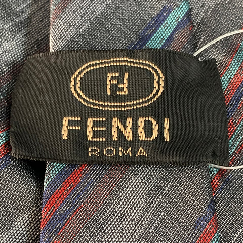 FENDI One Size Grey Red Diagonal Stripe Silk Tie