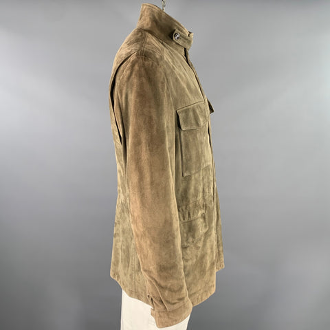 LORO PIANA Traveler Size XXL Khaki Solid Suede Field Jacket