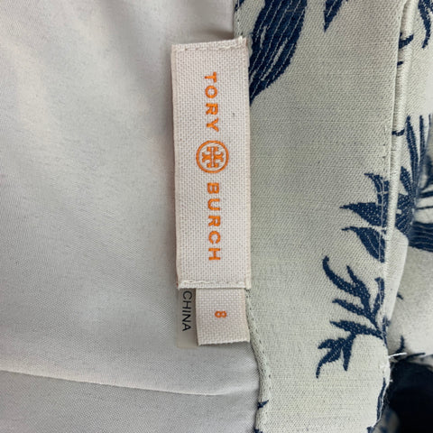 TORY BURCH Size 8 Grey Blue Linen Polyester Floral A-Line Mid-Calf Dress