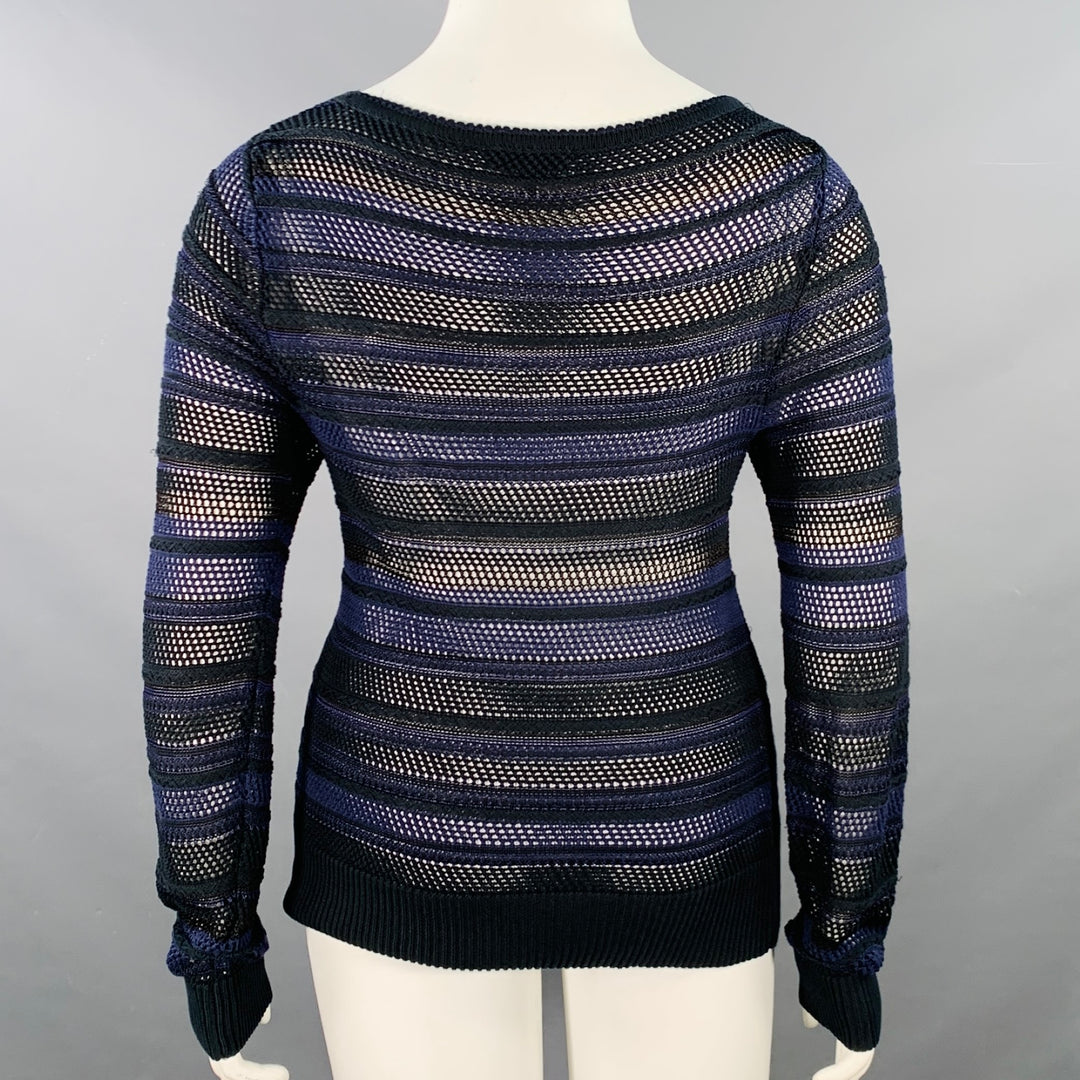 RAG & BONE Size L Navy Black Cotton Blend Textured Stripe Open Knit Pullover