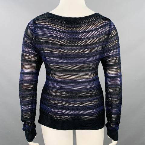 RAG & BONE Size L Navy Black Cotton Blend Textured Stripe Open Knit Pullover