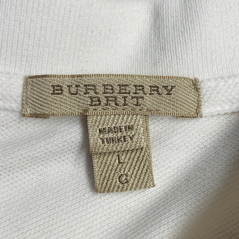 BURBERRY BRIT Size L White Embroidery Cotton Pique Contrast Trim Long Sleeve Polo