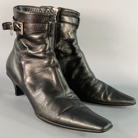 PRADA Size 7 Black Leather Kitten Heel Side Zipper Belted Ankle Boots