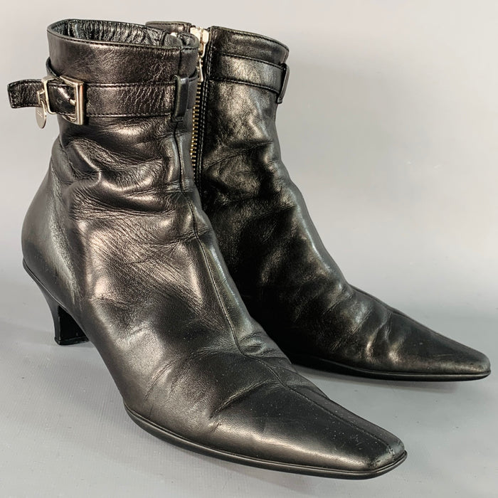 PRADA Size 7 Black Leather Kitten Heel Side Zipper Belted Ankle Boots