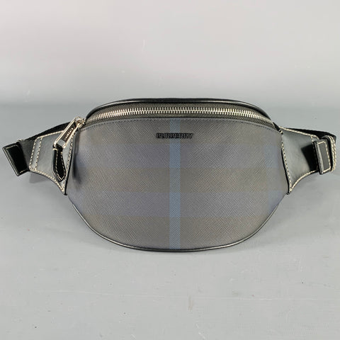 BURBERRY Black Navy Blackwatch Leather Trim Saffiano Canvas Belt Bag