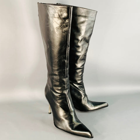 LES COPAINS Size 7 Black Silver Leather Back Zipper Calf High Stiletto Boots