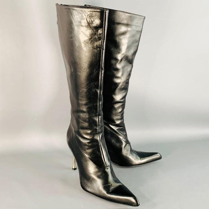 LES COPAINS Size 7 Black Silver Leather Back Zipper Calf High Stiletto Boots