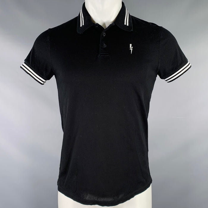 NEIL BARRETT Size S Black White Contrast Trim Cotton Short Sleeve Polo