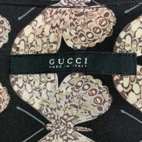 GUCCI Size S Black Rose Grey Butterfly Silk Button Up Long Sleeve Shirt