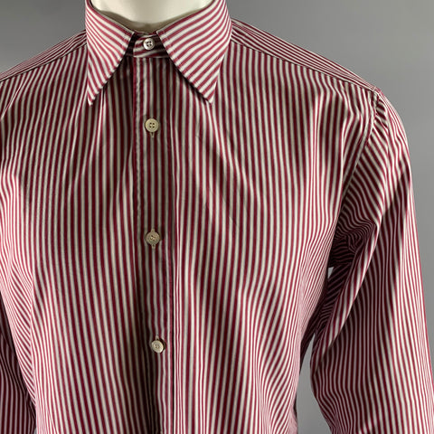 CHARVET Size L Burgundy White Stripe Cotton Pointed Collar Long Sleeve Shirt
