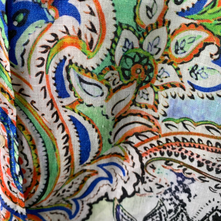 ETRO Size L White Abstract Floral Linen Cutaway Long Sleeve Shirt