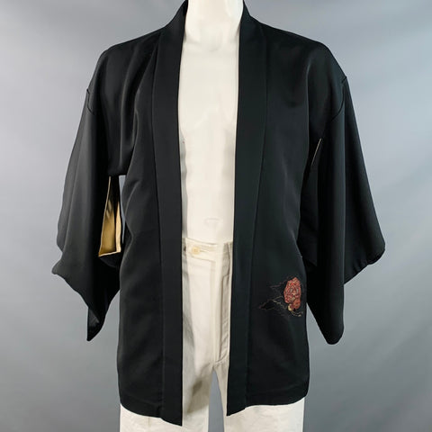 HAORI Kimono Japonais Vintage Soie Brodé Floral Noir Rouge Taille Unique