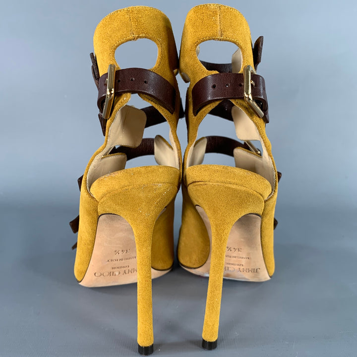 JIMMY CHOO Size 4.5 Yellow Brown Suede Buckle Stiletto Cage Boots