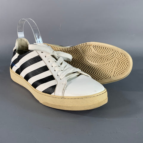 OFF-WHITE Size 9 Black White Stripe Leather Sneakers