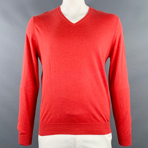 MASSIMO DUTTI Size L Red Cotton Silk Cashmere V-Neck Pullover