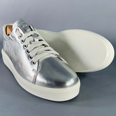 PRADA Size 7.5 Metallic Silver Leather Platform Sneakers