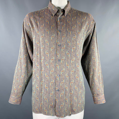 JHANE BARNES Size XL Blue Yellow Abstract Cotton One Pocket Long Sleeve Shirt