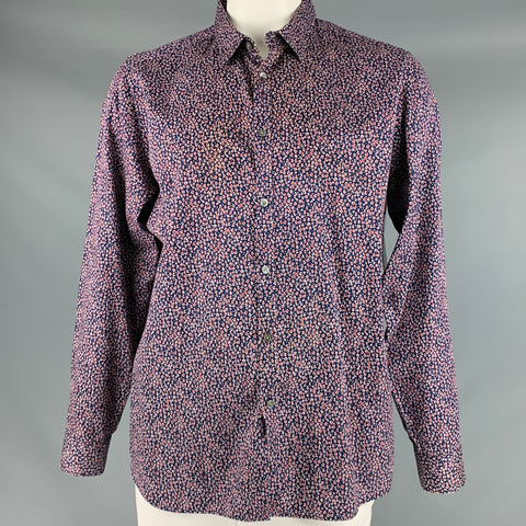 TED BAKER Size XL Navy Red Animal Print Cotton Button Up Long Sleeve Shirt
