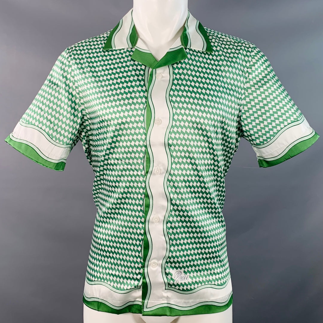 REISS Size M Vanpelt Green Ivory Geometric Polyester Regular Fit Camp Short Sleeve Shirt