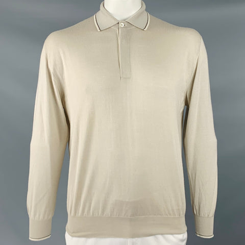 BRIONI Size XXL Oatmeal Beige Knit Cashmere Silk Polo Pullover