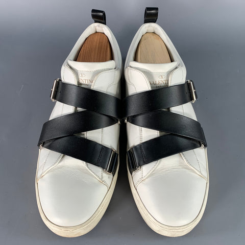 VALENTINO Size 8.5 White Black Two Toned Leather Belted Sneakers
