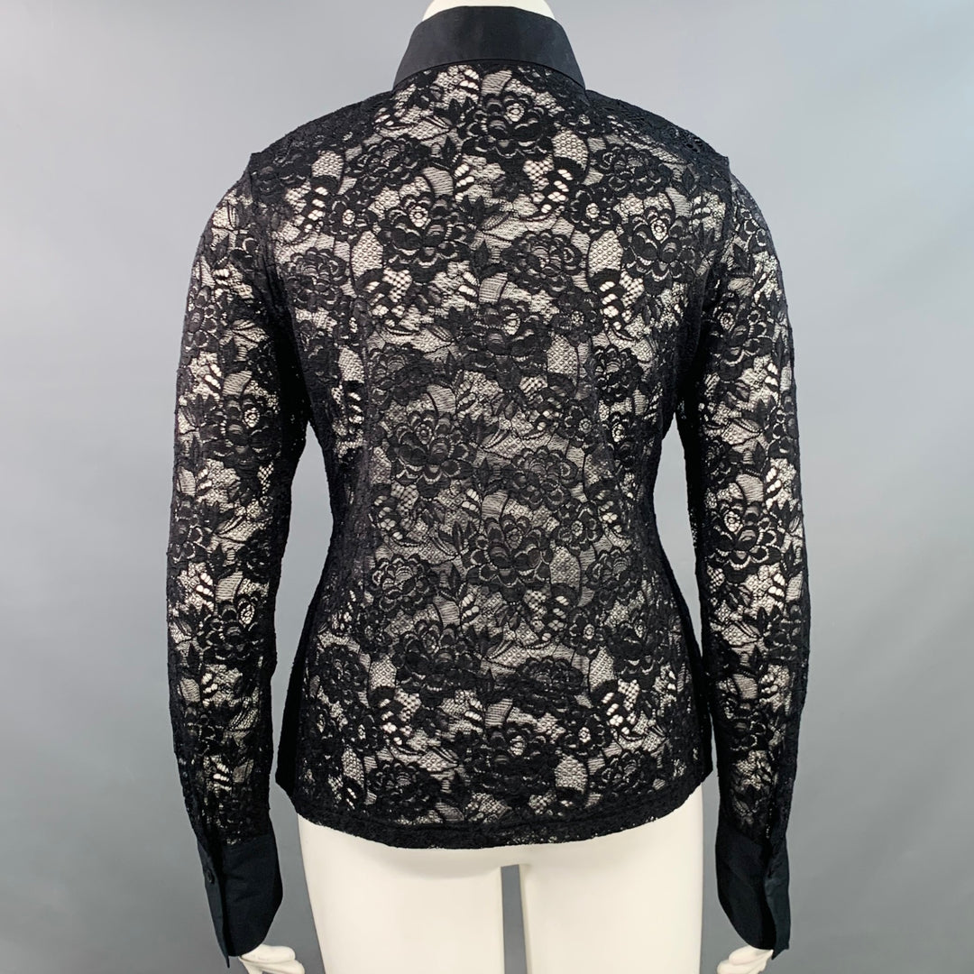 ANNE FONTAINE Size XL Black Stretchy Lace Point Collar Blouse