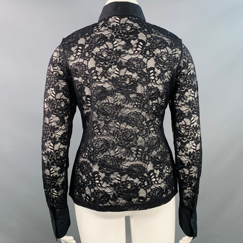ANNE FONTAINE Size XL Black Stretchy Lace Point Collar Blouse