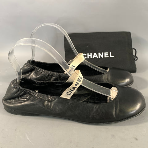 CHANEL Size 9.5 Black Leather Ballet Flats