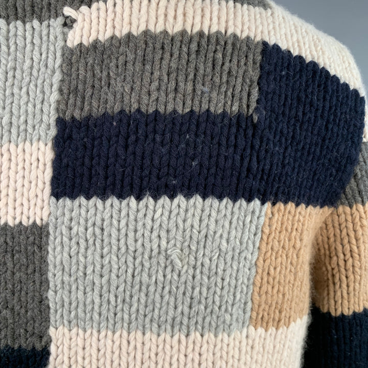 BARENA Size XL Grey Tan Brown Patchwork Virgin Wool Shawl Collar Cardigan