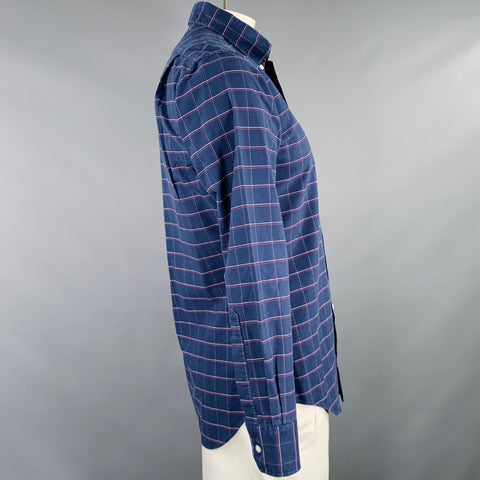 THOM BROWNE Size L Navy Red White Window Pane Cotton Long Sleeve Shirt