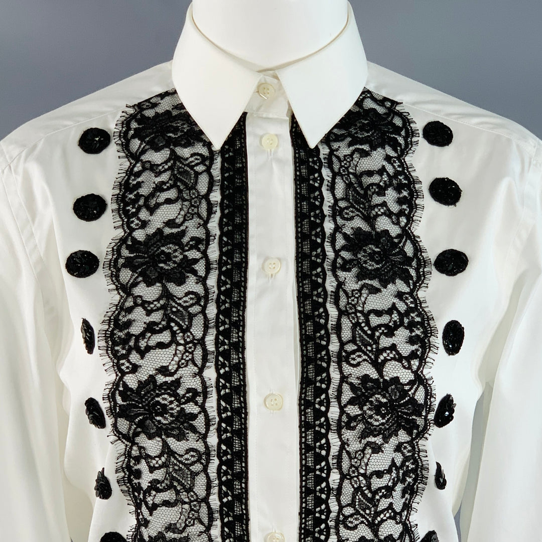DOLCE & GABBANA Size XS White Black Cotton Blend Lace Trim Sequins Button Up Shirt