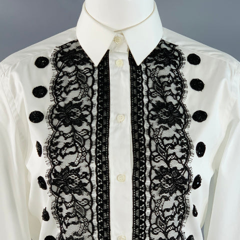 DOLCE & GABBANA Size XS White Black Cotton Blend Lace Trim Sequins Button Up Shirt