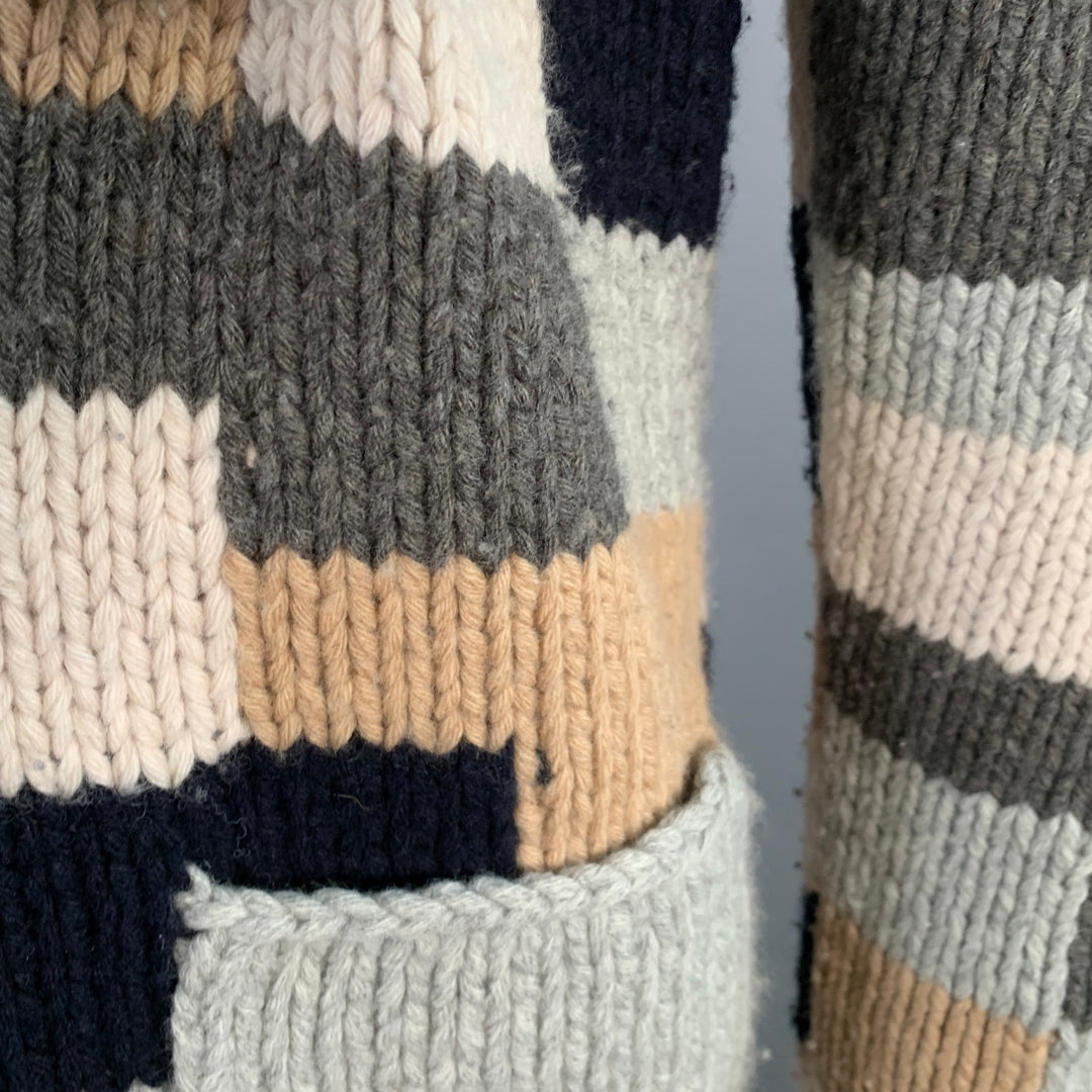 BARENA Size XL Grey Tan Brown Patchwork Virgin Wool Shawl Collar Cardigan