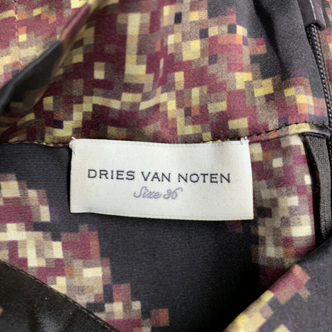 DRIES VAN NOTEN Taille 4 Robe/Haut à Manches Longues Abstraite en Soie Noire Jaune Marron