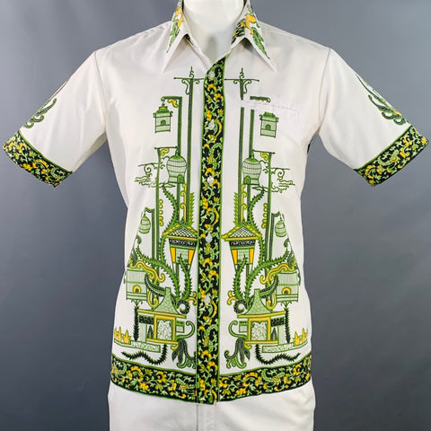 LION BRAND Vintage Size XL White Green Print Polyester Cotton Short Sleeve Shirt