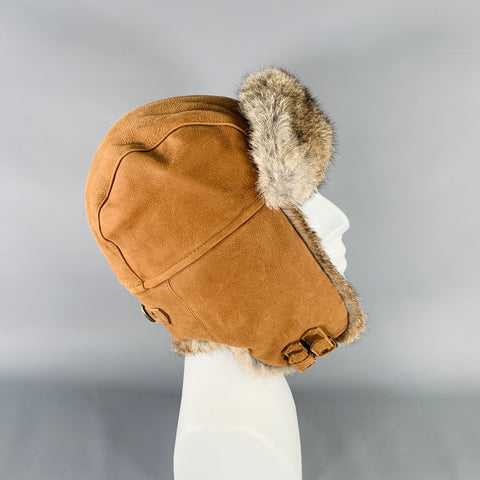 CROWNCAP Size L Brown Leather Rabbit Fur Aviator Cap Hat