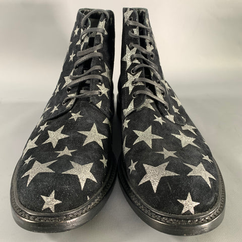 SAINT LAURENT Size 7.5 Black Silver Stars Leather Lace Up Boots