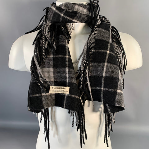 BURBERRY Black Grey Plaid Cashmere Fringe Trim Scarf