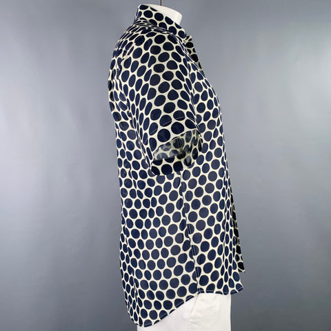 SANDRO Size M Navy Off White Polka Dot Lyocell Blend Short Sleeve Shirt