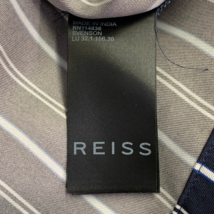 REISS Size S Svenson Navy White Stripe Polyester Regular Fit Camp Short Sleeve Shirt