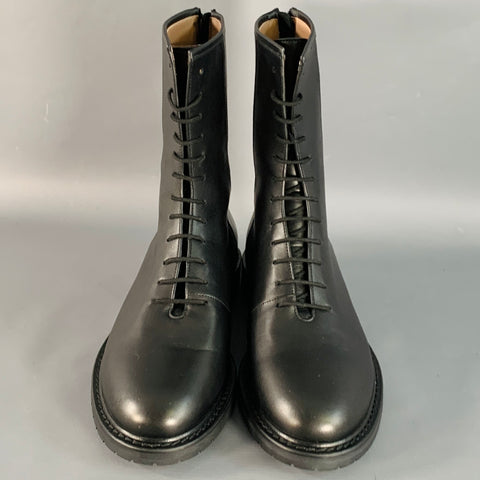 LEGRES Size 8 Black Leather Lace-Up Zipper Boots