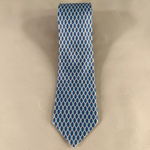 HERMES Blue Green Checkered Silk Tie