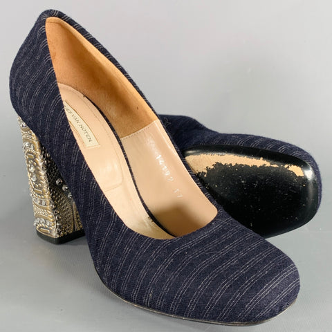DRIES VAN NOTEN Size 7 Navy Silver Stripe Rhinestone Chunky Heel Pumps