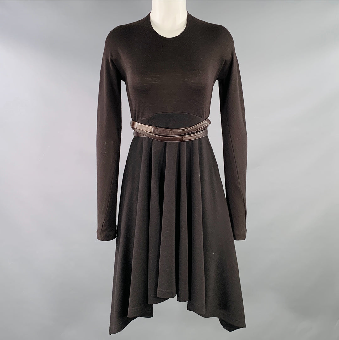 DONNA KARAN Size 6 Brown Wool Jersey Belted Long Sleeve Asymmetrical Dress