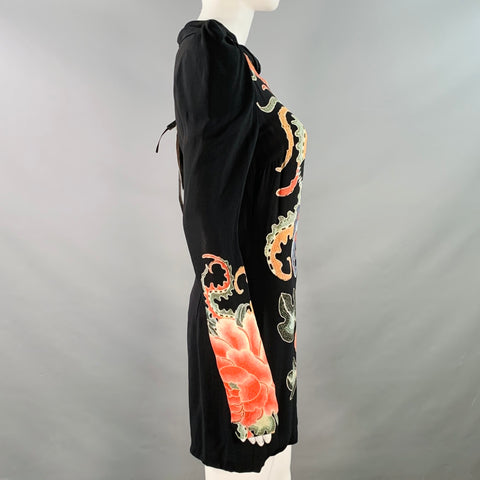 JOHN RICHMOND Size S Guereda Black Multi Color Viscose Dragon Long Sleeve Cocktail Dress